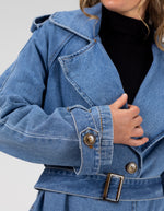 Quincy Long Denim Trench Coat in Blue Wash
