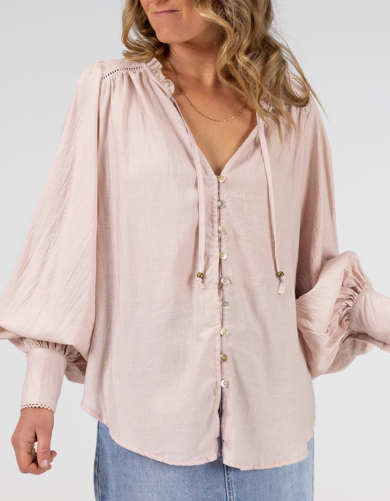 Bridget Balloon Sleeve V Neck Top in Blush