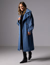 Quincy Long Denim Trench Coat in Blue Wash
