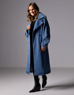 Quincy Long Denim Trench Coat in Blue Wash