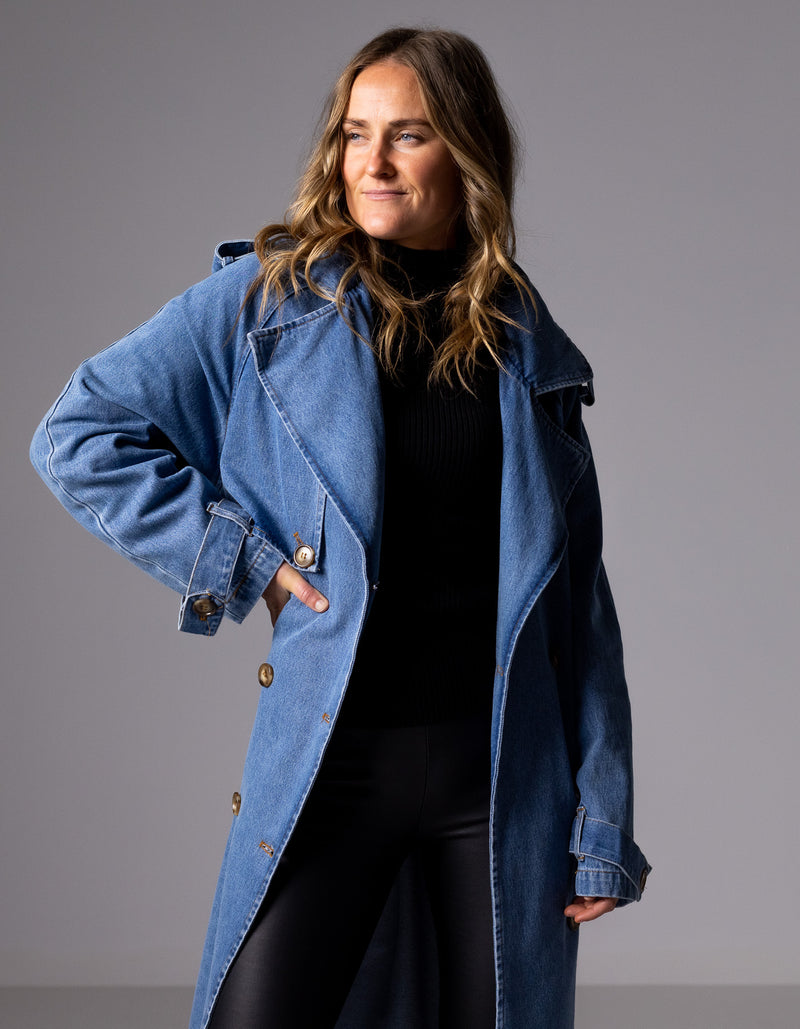 Quincy Long Denim Trench Coat in Blue Wash
