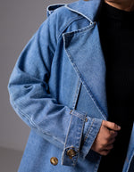 Quincy Long Denim Trench Coat in Blue Wash