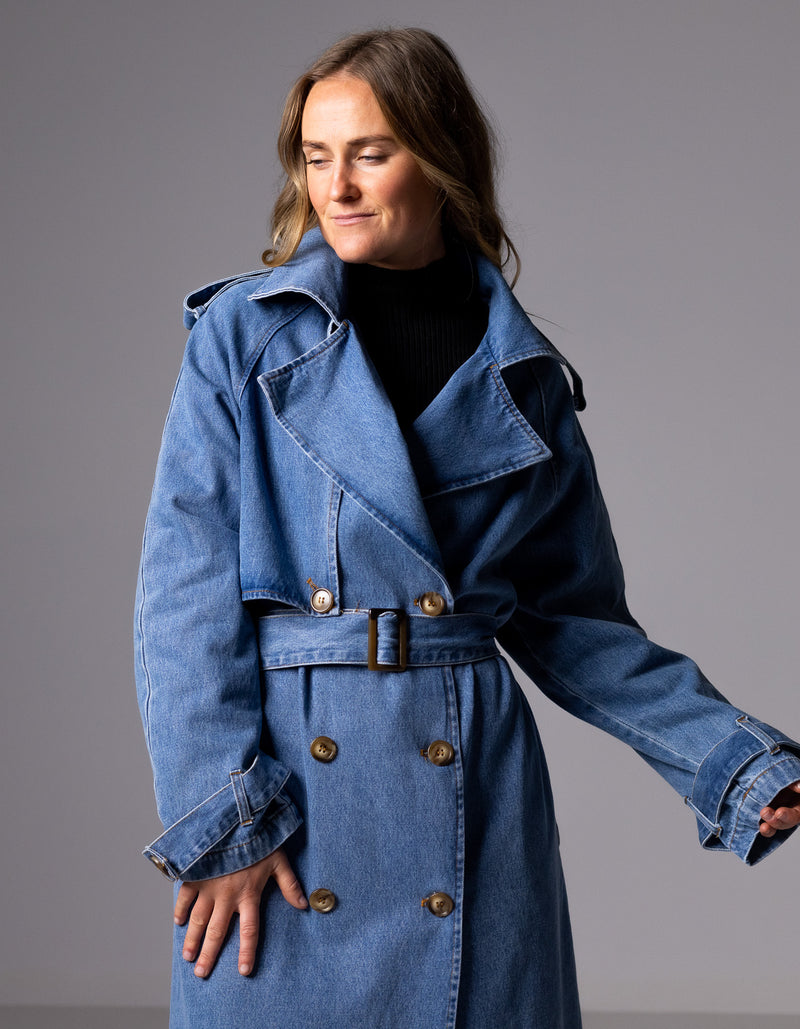 Quincy Long Denim Trench Coat in Blue Wash
