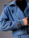 Quincy Long Denim Trench Coat in Blue Wash