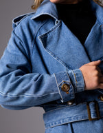 Quincy Long Denim Trench Coat in Blue Wash