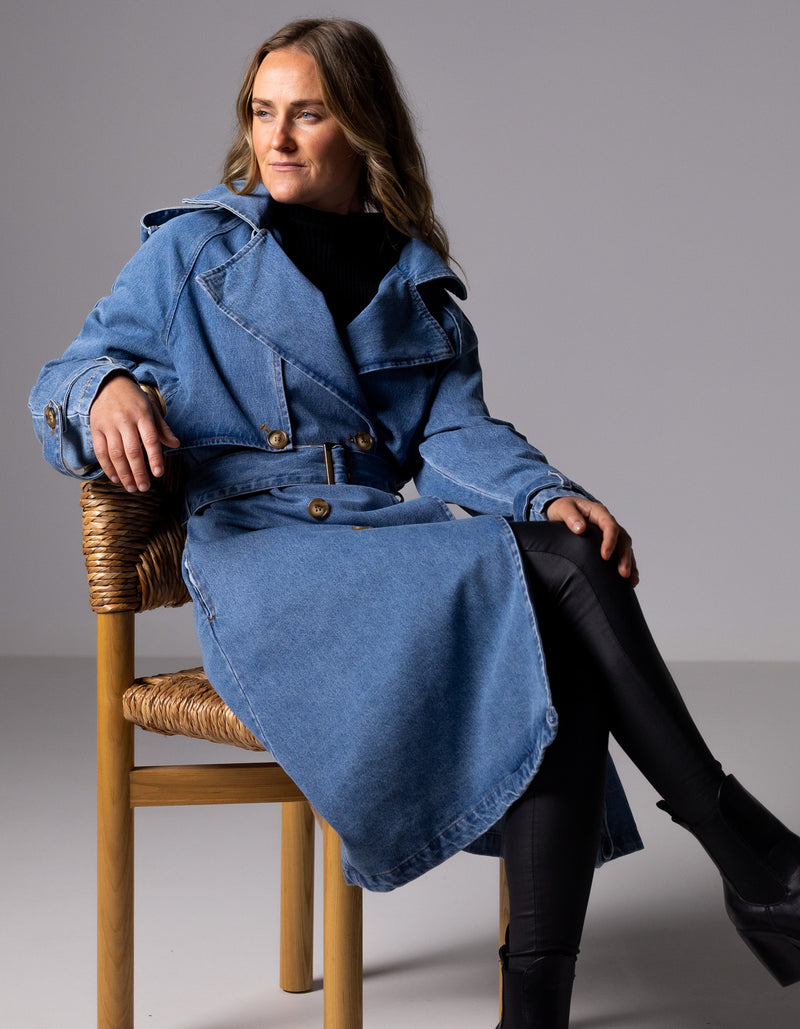 Quincy Long Denim Trench Coat in Blue Wash