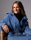 Quincy Long Denim Trench Coat in Blue Wash