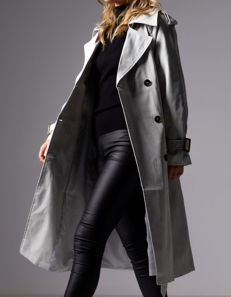 Brooke Oversized Long Trench Coat in Grey