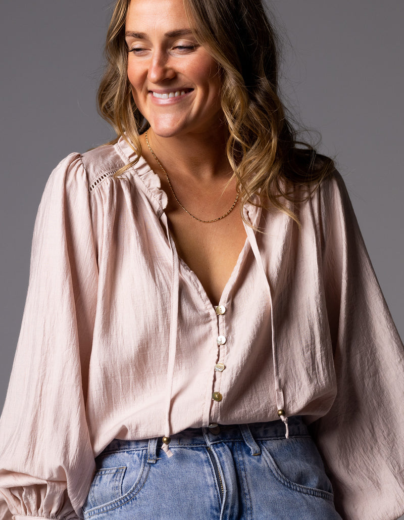 Bridget Balloon Sleeve V Neck Top in Blush