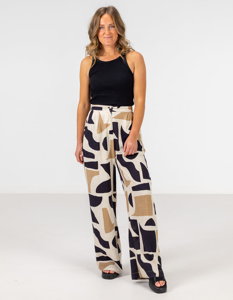 Casey Wide Leg Pants in Beige/Black Geo Print