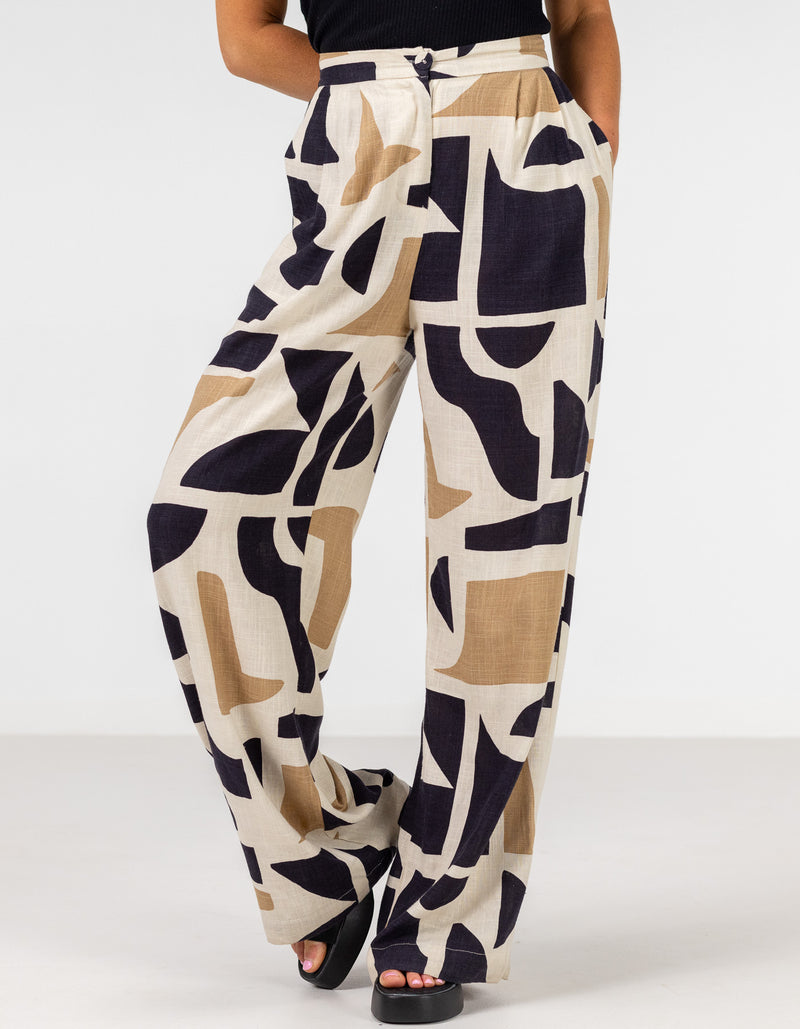 Casey Wide Leg Pants in Beige/Black Geo Print
