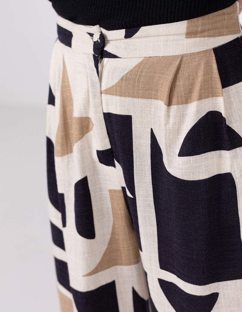 Casey Wide Leg Pants in Beige/Black Geo Print