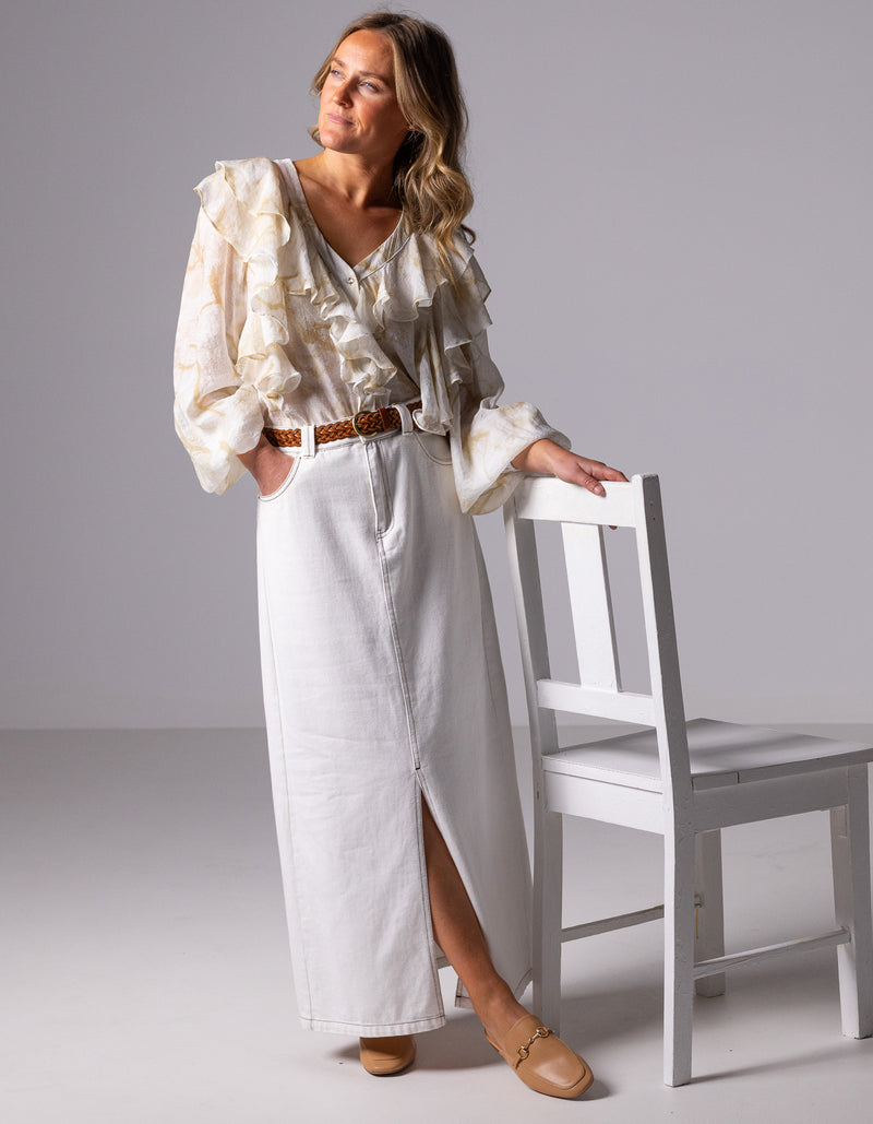 Avalon Denim Maxi Skirt with Split Hem in White