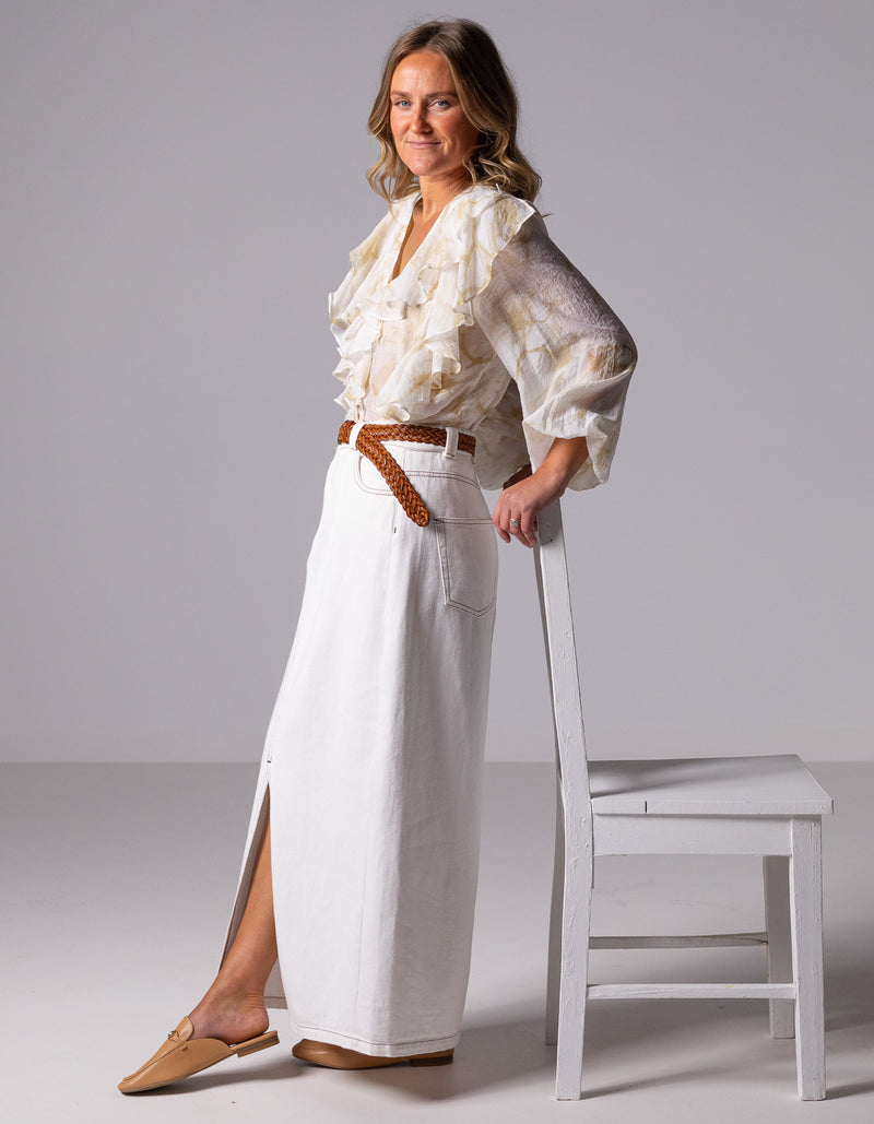 Avalon Denim Maxi Skirt with Split Hem in White