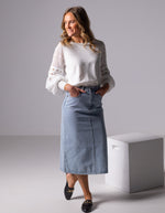 Flynn Non-Stretch Denim Midi Skirt in Light Blue