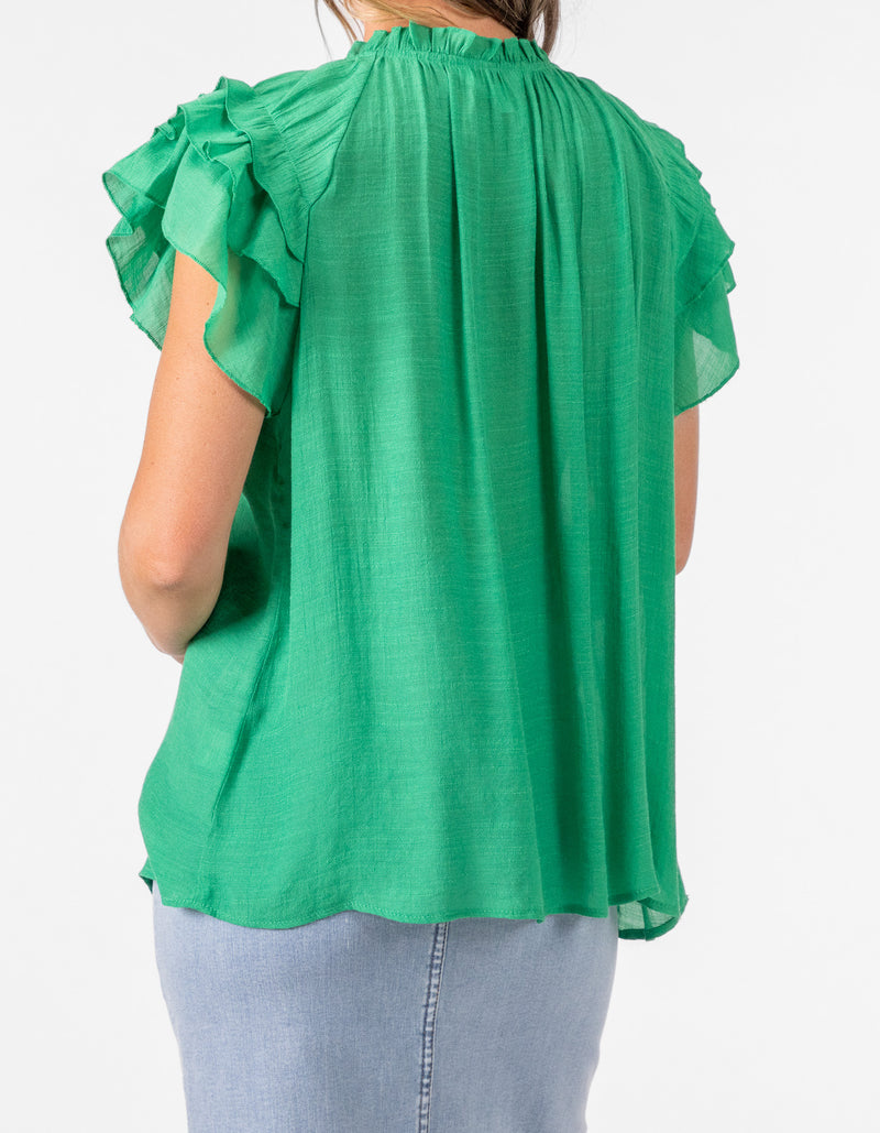Chloe V Neck Ruffle Sleeve Top in Green