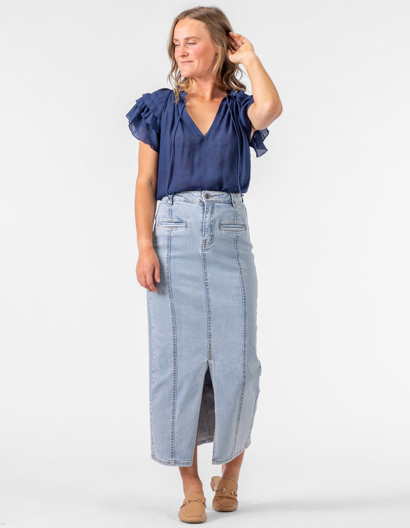 Chloe V Neck Ruffle Sleeve Top in Navy