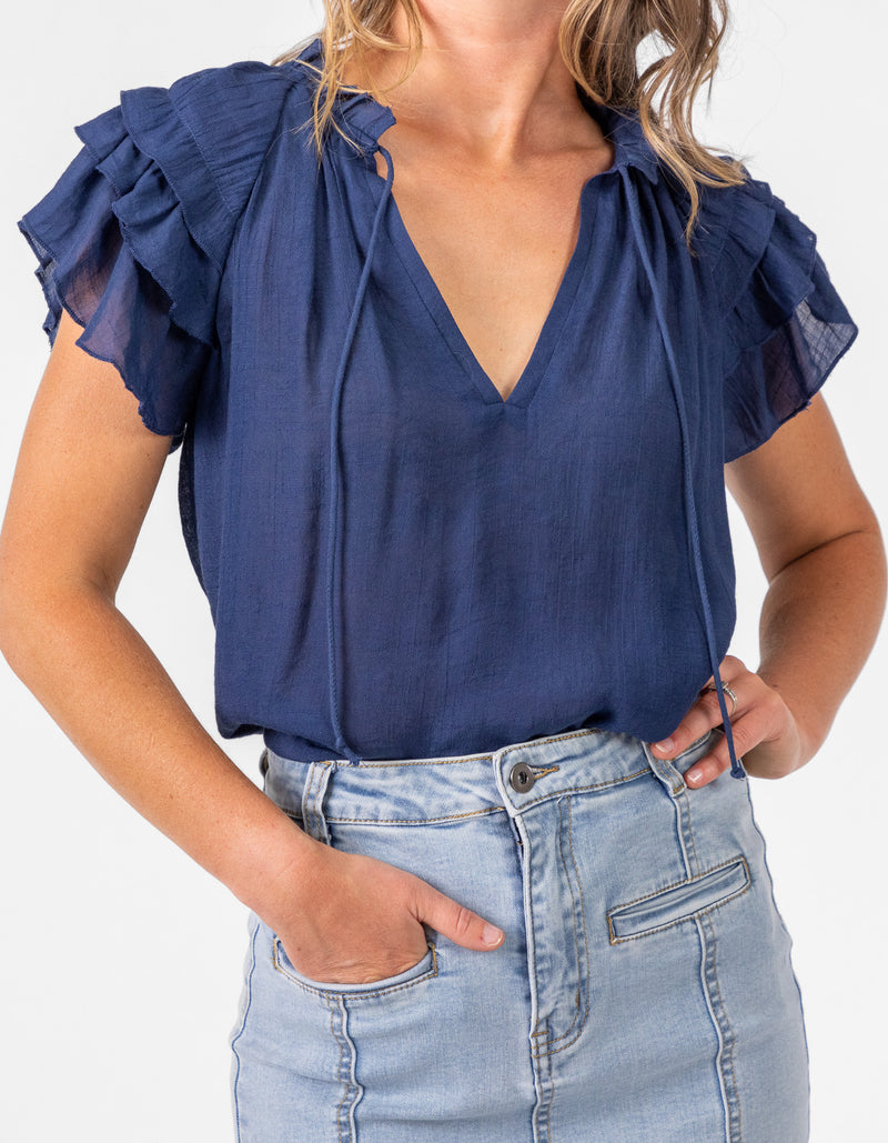 Chloe V Neck Ruffle Sleeve Top in Navy
