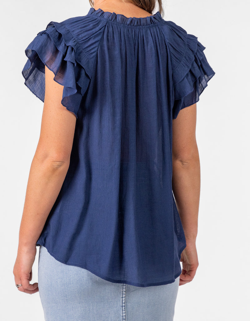 Chloe V Neck Ruffle Sleeve Top in Navy