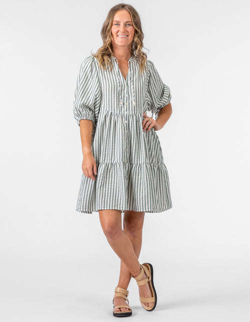 Clara Button Front V Neck Dress in Green Stripe