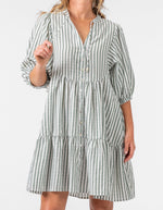 Clara Button Front V Neck Dress in Green Stripe