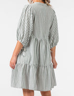 Clara Button Front V Neck Dress in Green Stripe