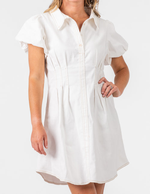 Brighton Short Sleeve Button Down Dress in White