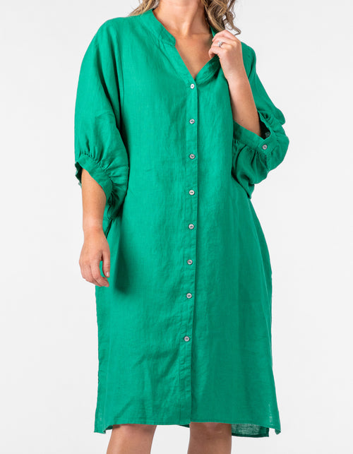 Burbank Relaxed Fit Button Down Dress in Green Linen