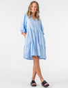 Presley Button Front V Neck Dress in Light Blue