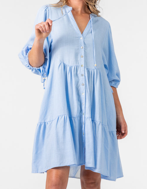 Presley Button Front V Neck Dress in Light Blue