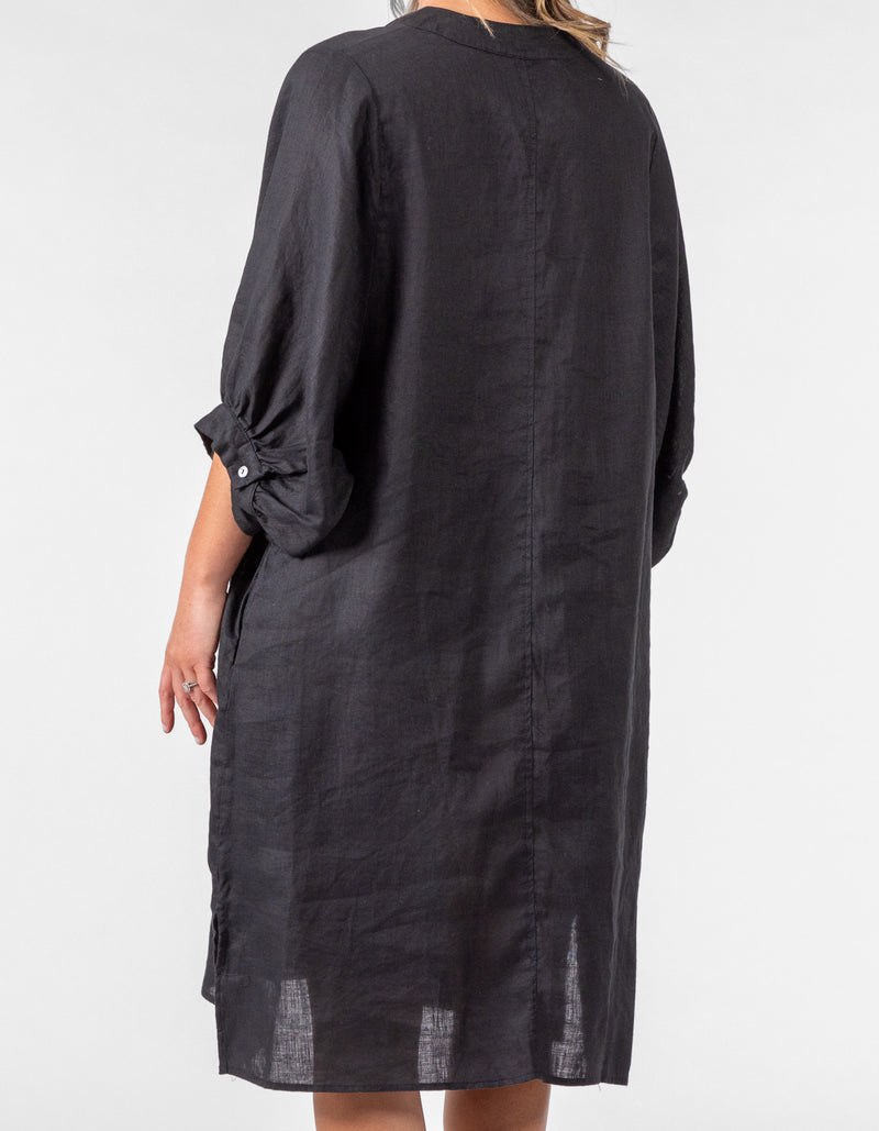 Burbank Relaxed Fit Button Down Dress in Black Linen
