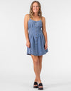 Loft Pleat Waist Short Denim Dress in Blue Wash