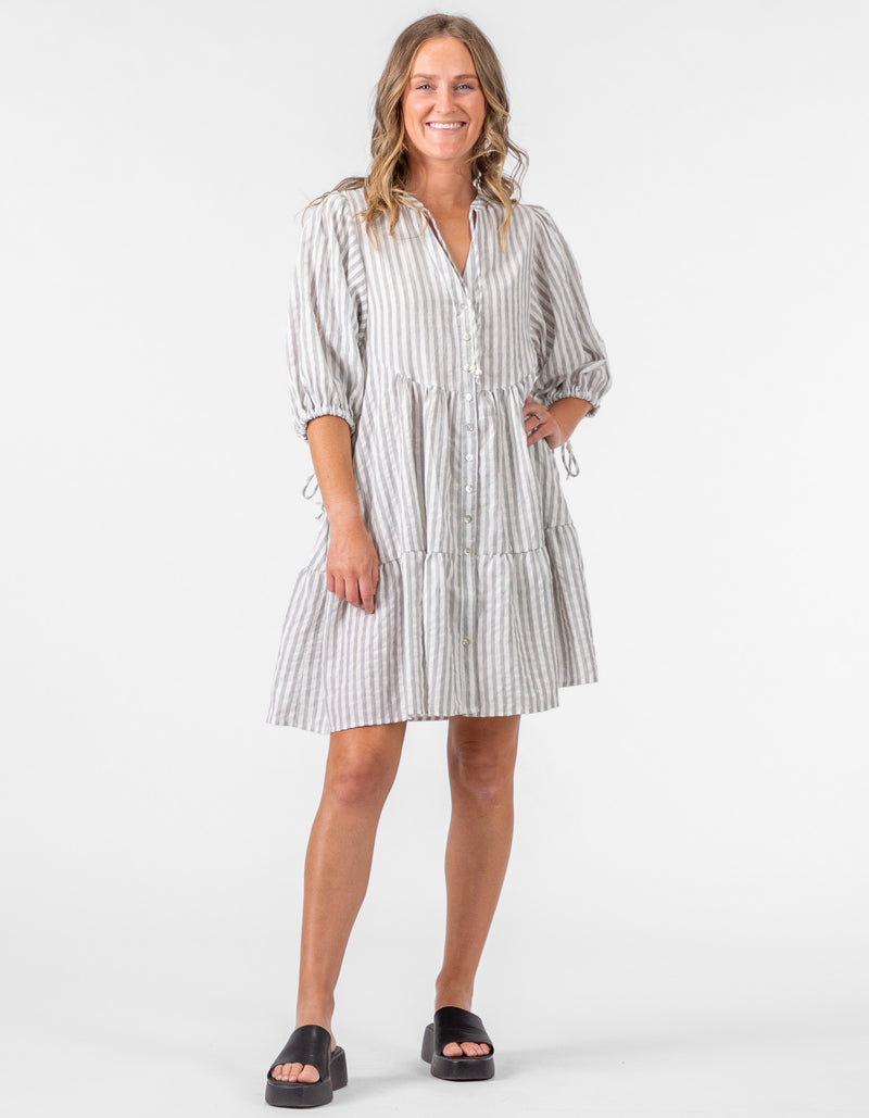 Clara Button Front V Neck Dress in Grey Stripe