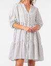 Clara Button Front V Neck Dress in Grey Stripe