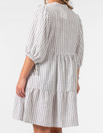 Clara Button Front V Neck Dress in Grey Stripe