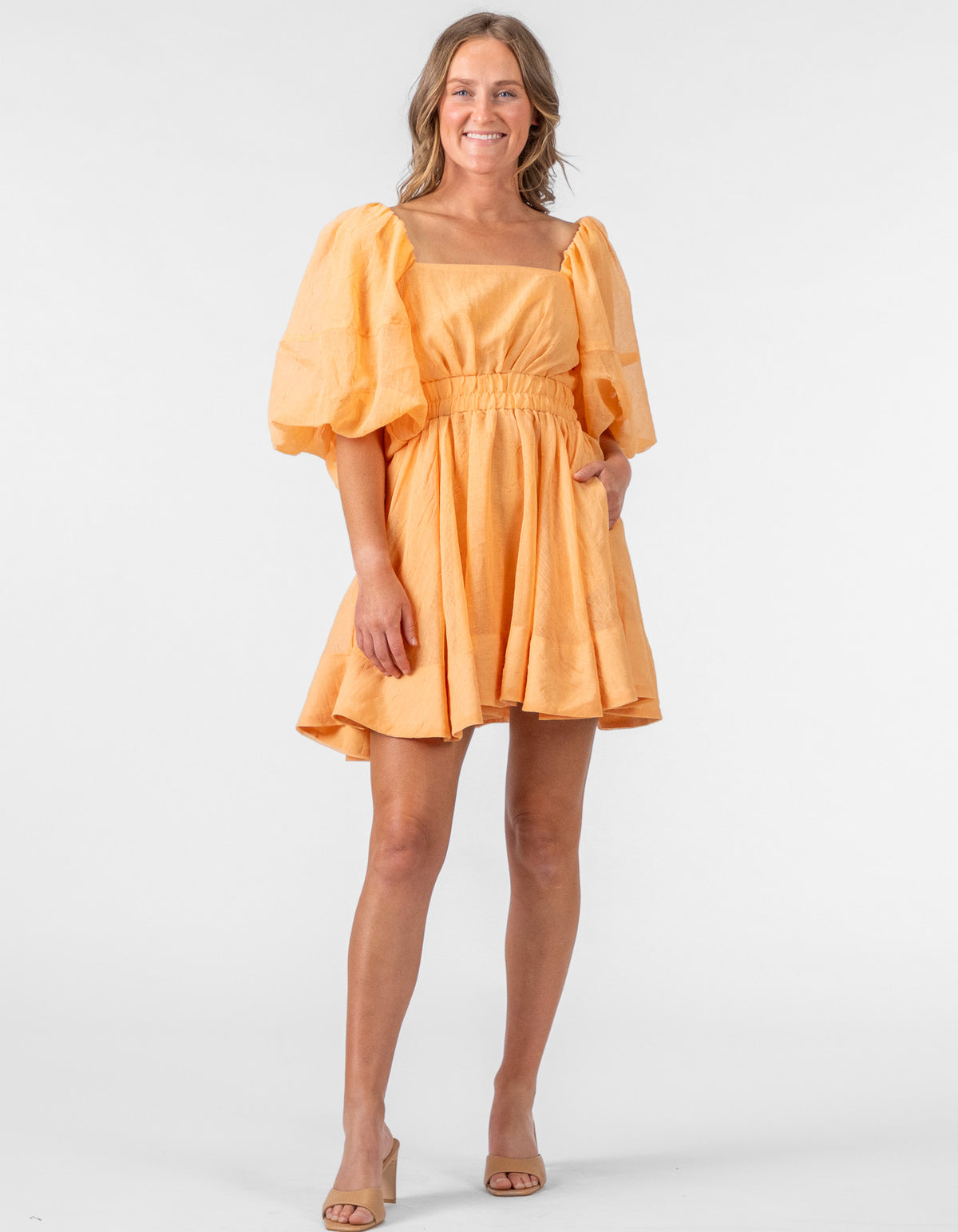 Sherman Balloon Sleeve Flare Mini Dress in Orange