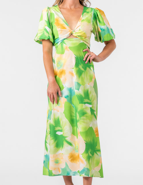 Enfield Twist Bodice Midi Dress in Green Floral