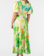 Enfield Twist Bodice Midi Dress in Green Floral