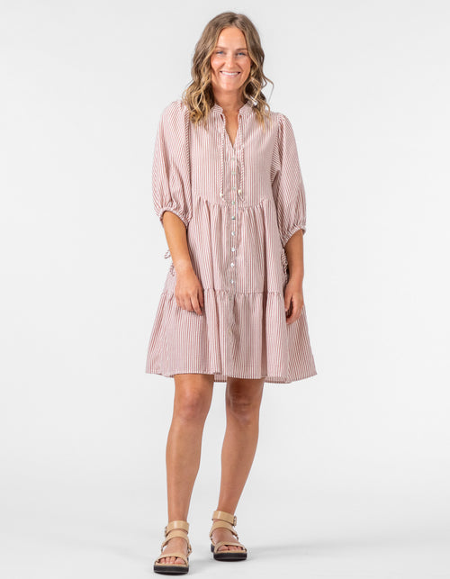 Eliza Button Front V Neck Dress in Clay Stripe