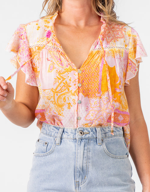 Daisy Frill Sleeve Button Down Top in Pink/Orange Print