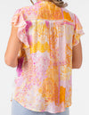 Daisy Frill Sleeve Button Down Top in Pink/Orange Print