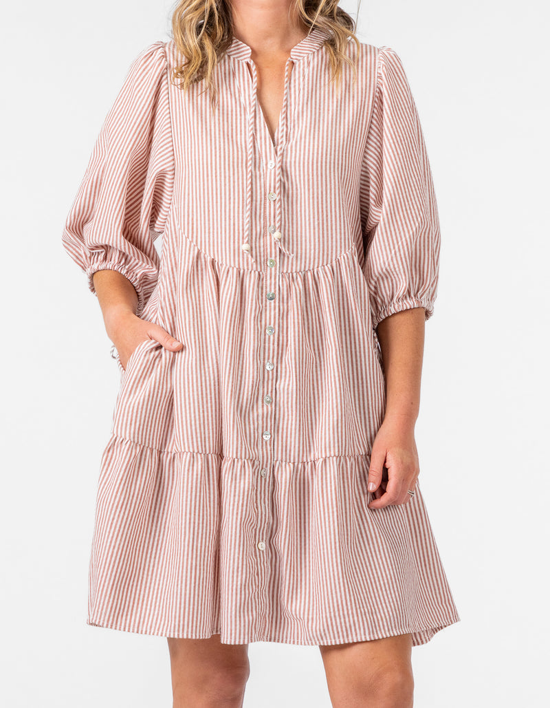 Eliza Button Front V Neck Dress in Clay Stripe