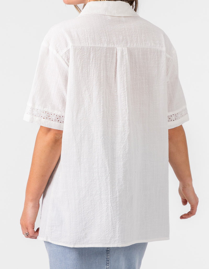 Sofia Button Down Short Sleeve Shirt in White Lace