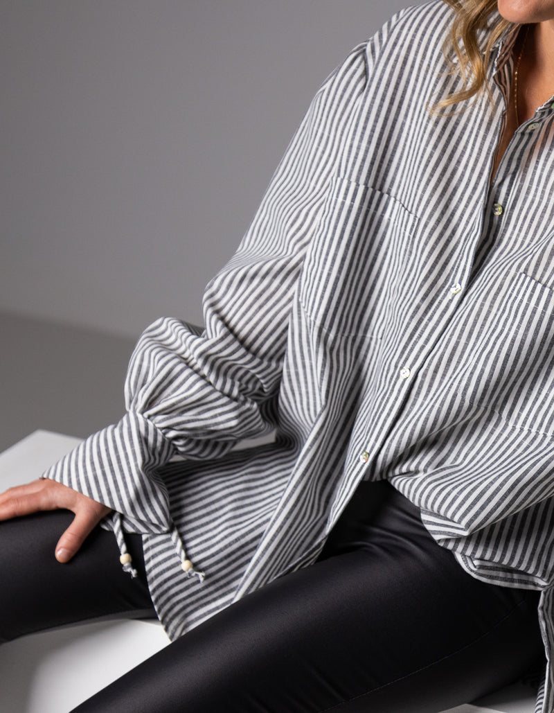 Bella Large Cuff Shirt in Grey Stripe