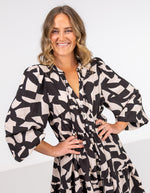 Tatum V Neck Geo Print Dress in Black/Beige