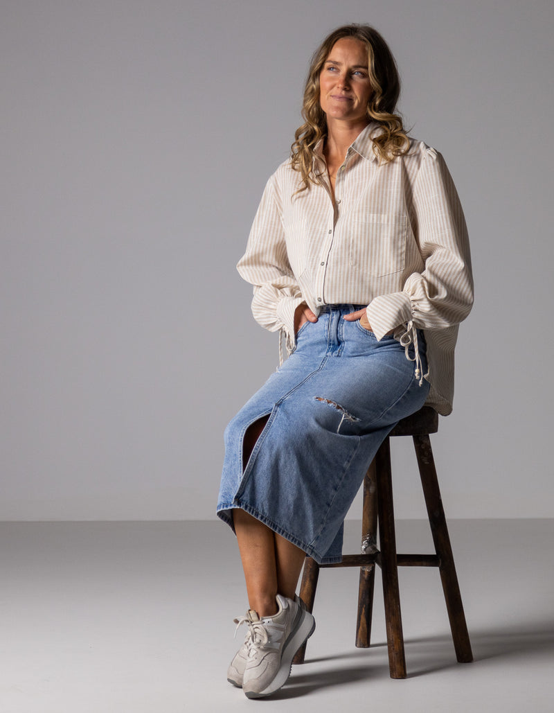 Bella Large Cuff Shirt in Beige/White Stripe