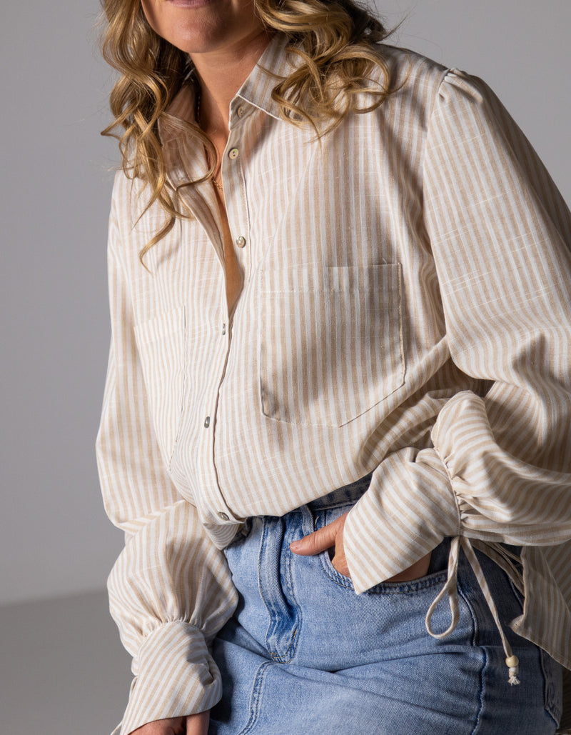 Bella Large Cuff Shirt in Beige/White Stripe
