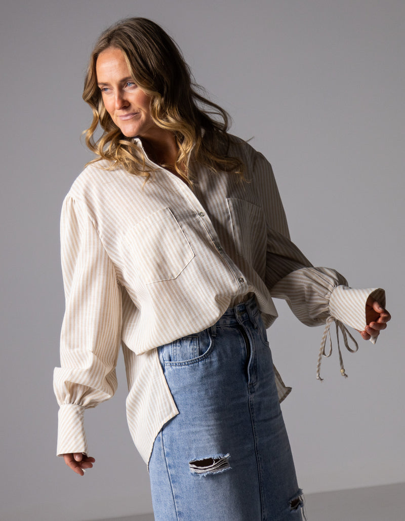 Bella Large Cuff Shirt in Beige/White Stripe