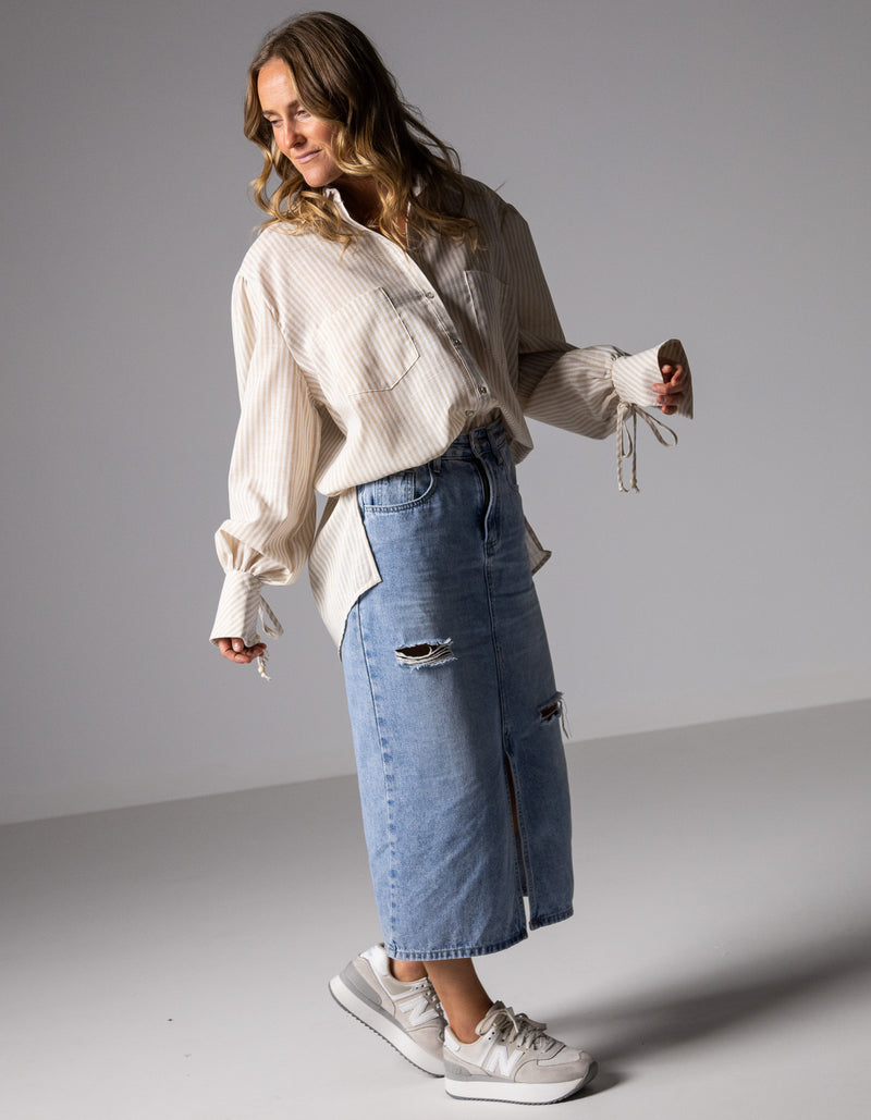 Bella Large Cuff Shirt in Beige/White Stripe