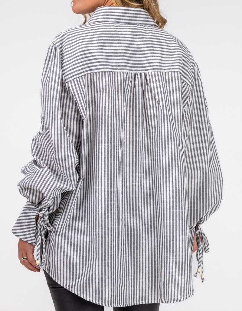Bella Large Cuff Shirt in Grey Stripe